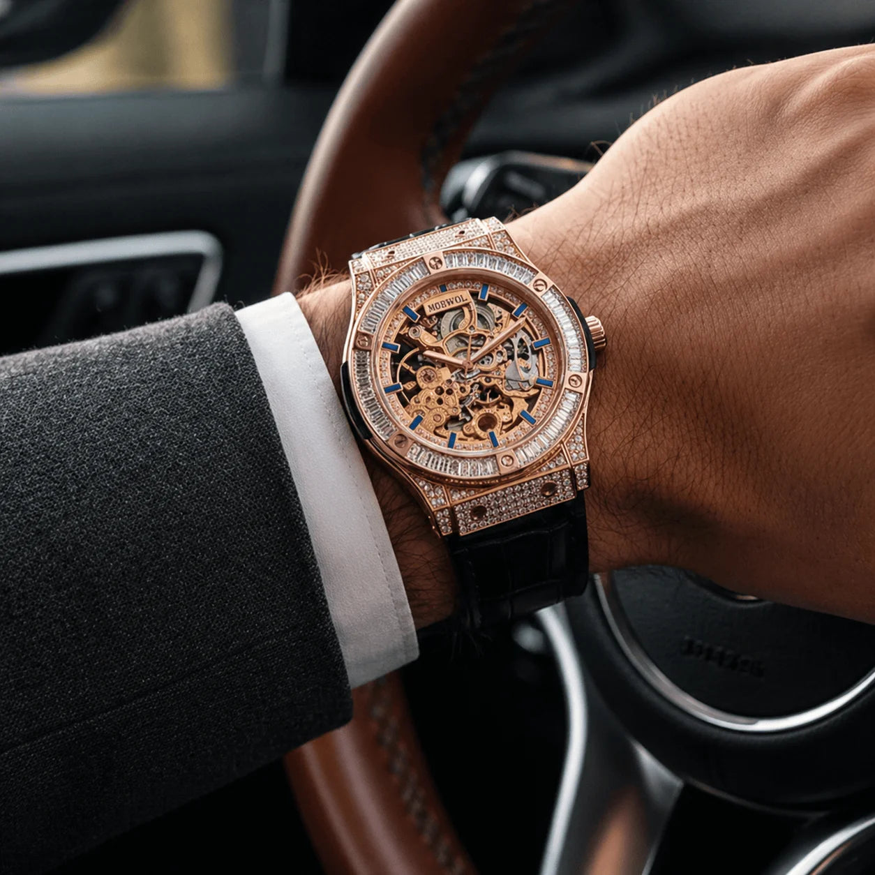 Vixonna Men's Skeleton Mechanical Watch Leather Strap Miyota Movement Waterproof