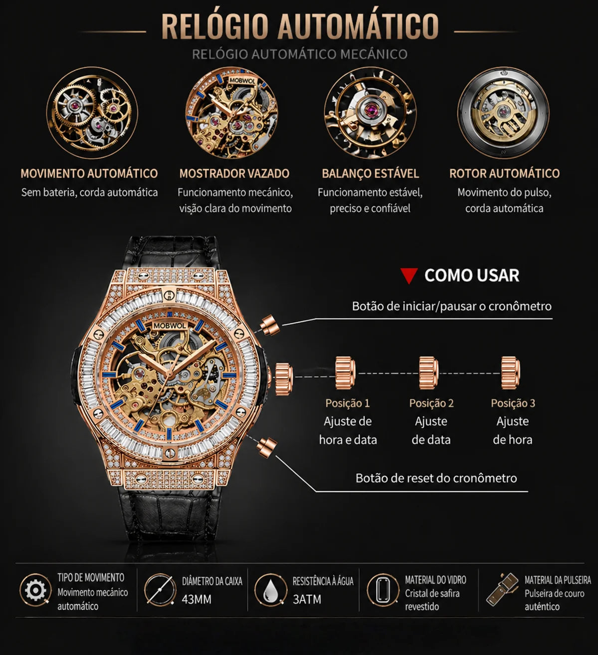 Vixonna Men's Skeleton Mechanical Watch Leather Strap Miyota Movement Waterproof