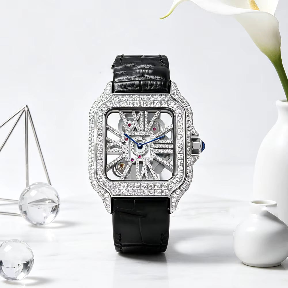 Vixonna Men's Skeleton Moissanite Watch Swiss Quartz Stainless Steel