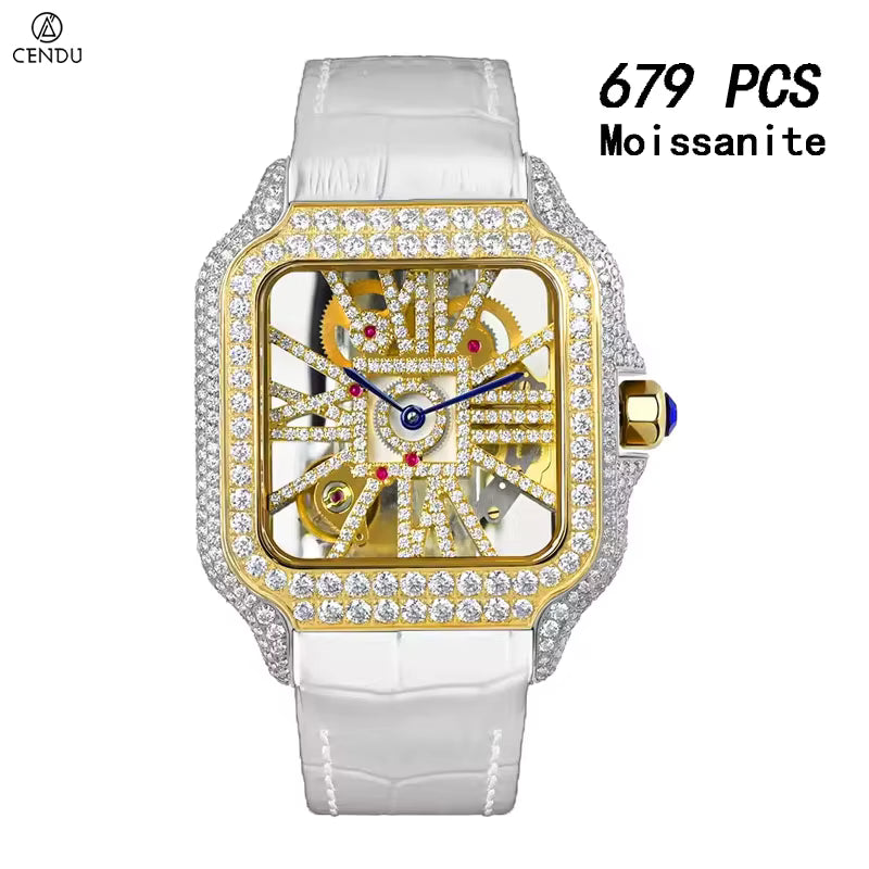 Vixonna Men's Skeleton Moissanite Watch Swiss Quartz Stainless Steel