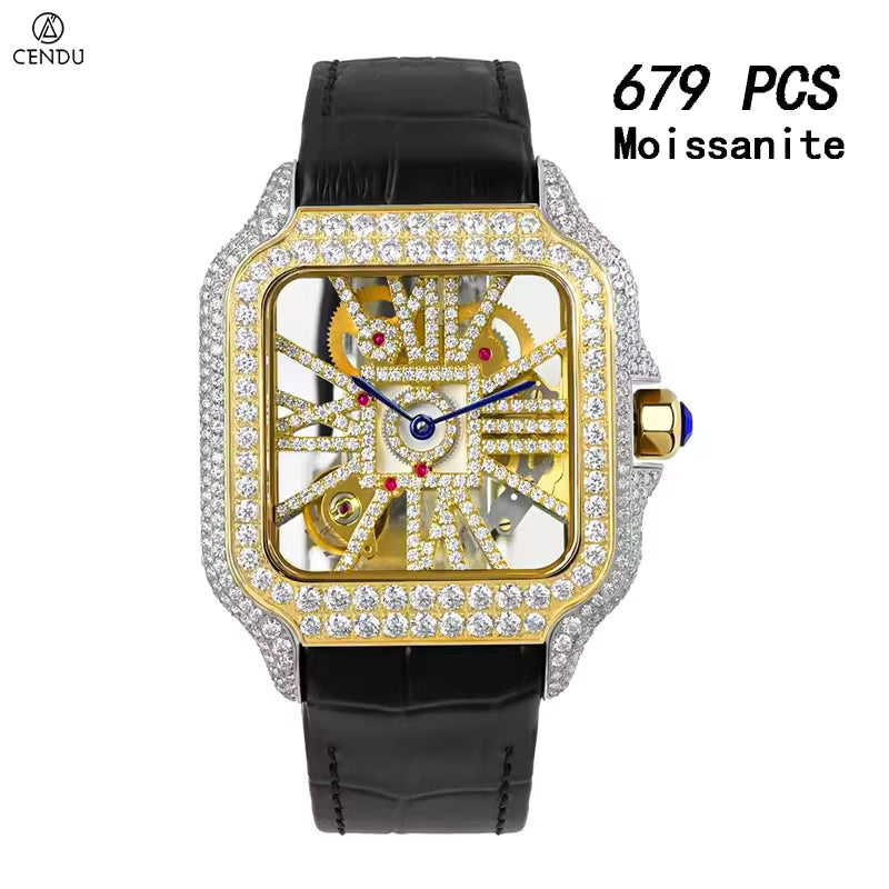 Vixonna Men's Skeleton Moissanite Watch Swiss Quartz Stainless Steel
