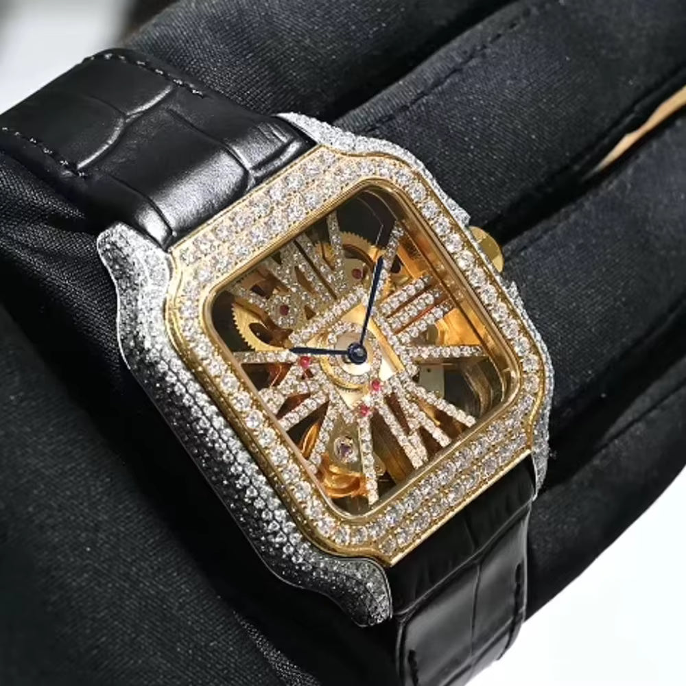 Vixonna Men's Skeleton Moissanite Watch Swiss Quartz Stainless Steel