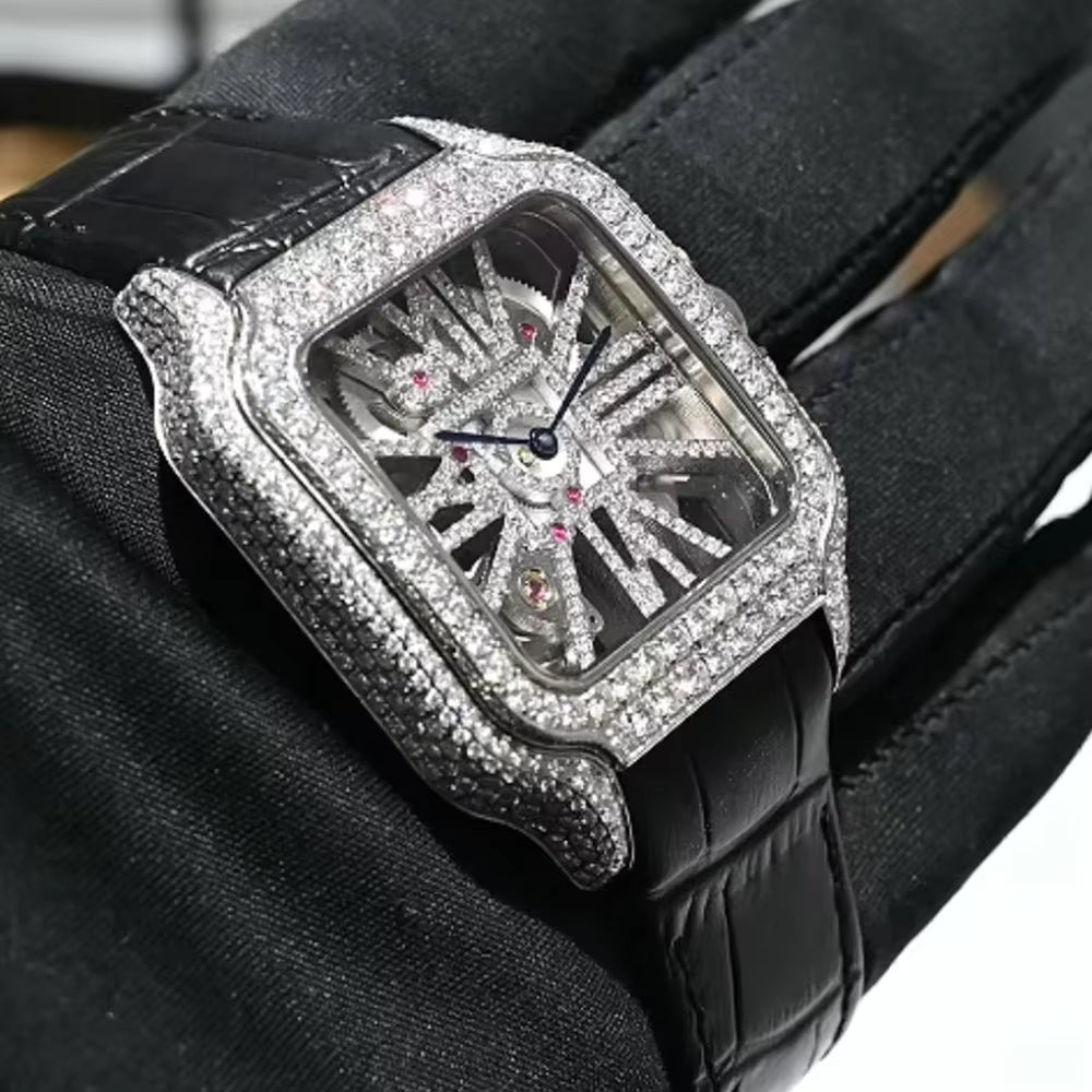Vixonna Men's Skeleton Moissanite Watch Swiss Quartz Stainless Steel