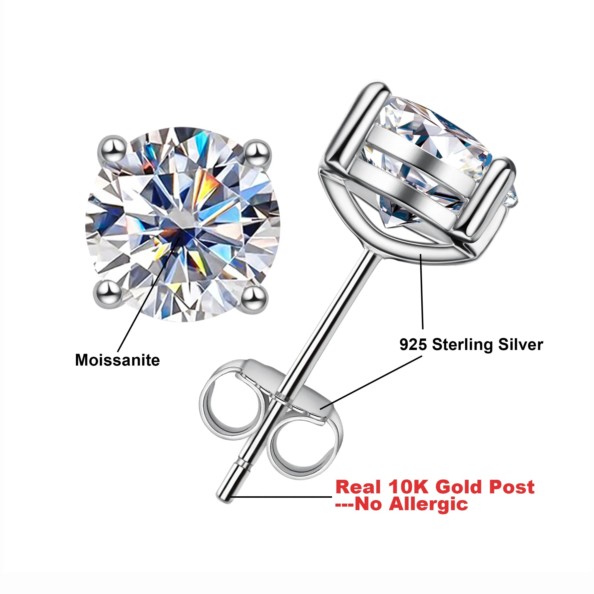 Vixonna Moissanite Stud Earrings 10K Gold Post D Color