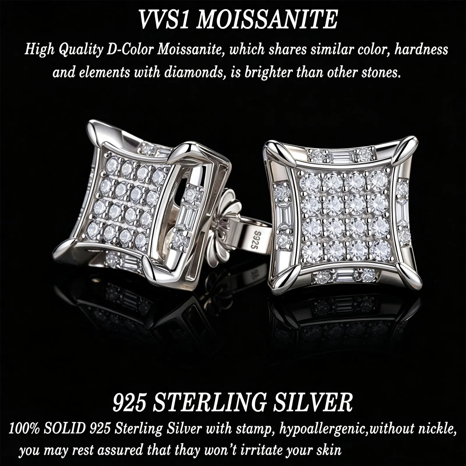 Vixonna Moissanite Stud Earrings 925 Silver D Color VVS1 Cushion