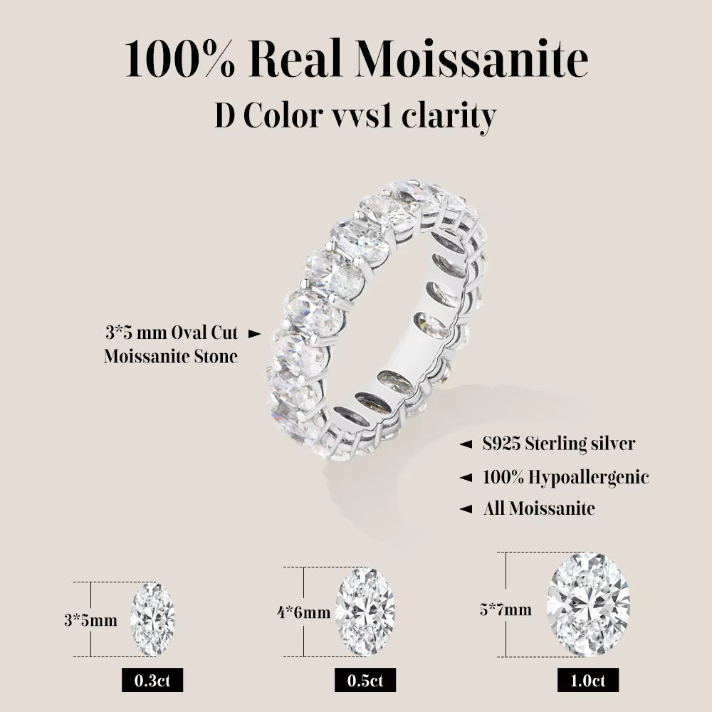 Vixonna Oval Cut Full Moissanite Eternity Ring 925 Silver D Color VVS1