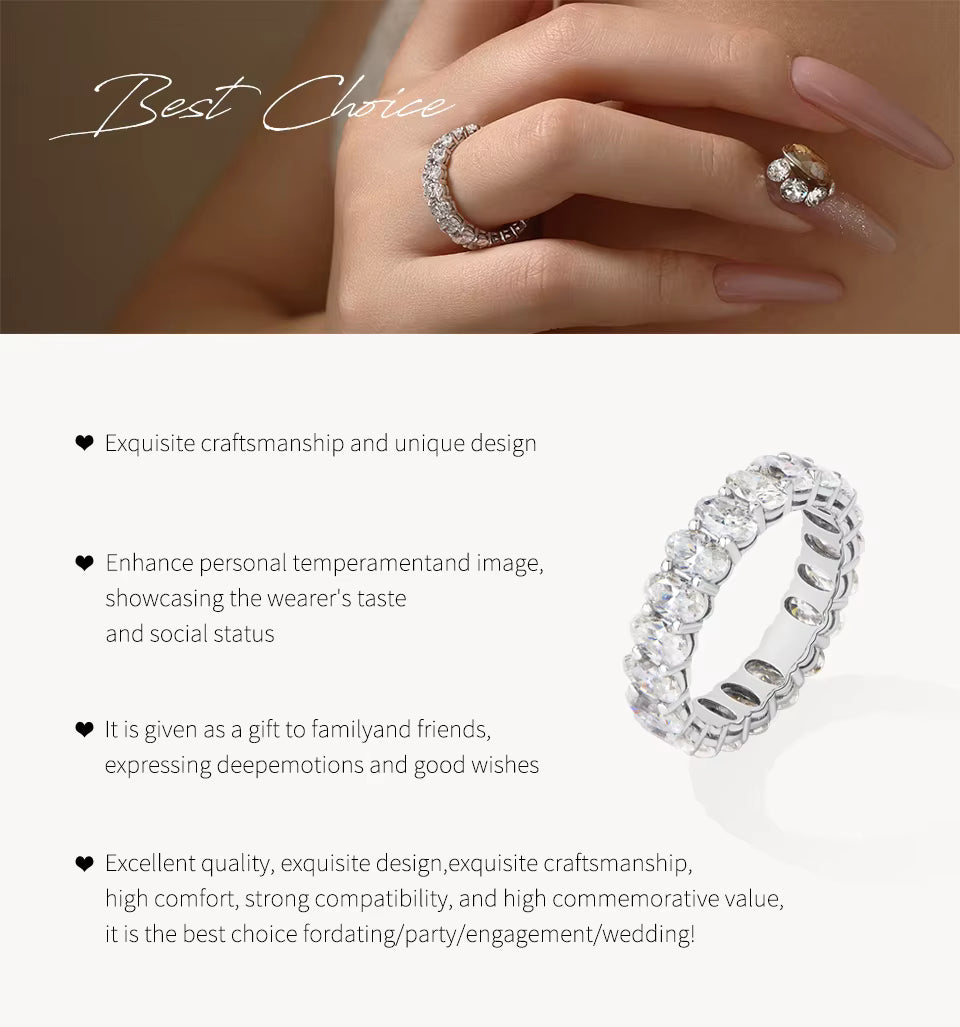 Vixonna Oval Cut Full Moissanite Eternity Ring 925 Silver D Color VVS1