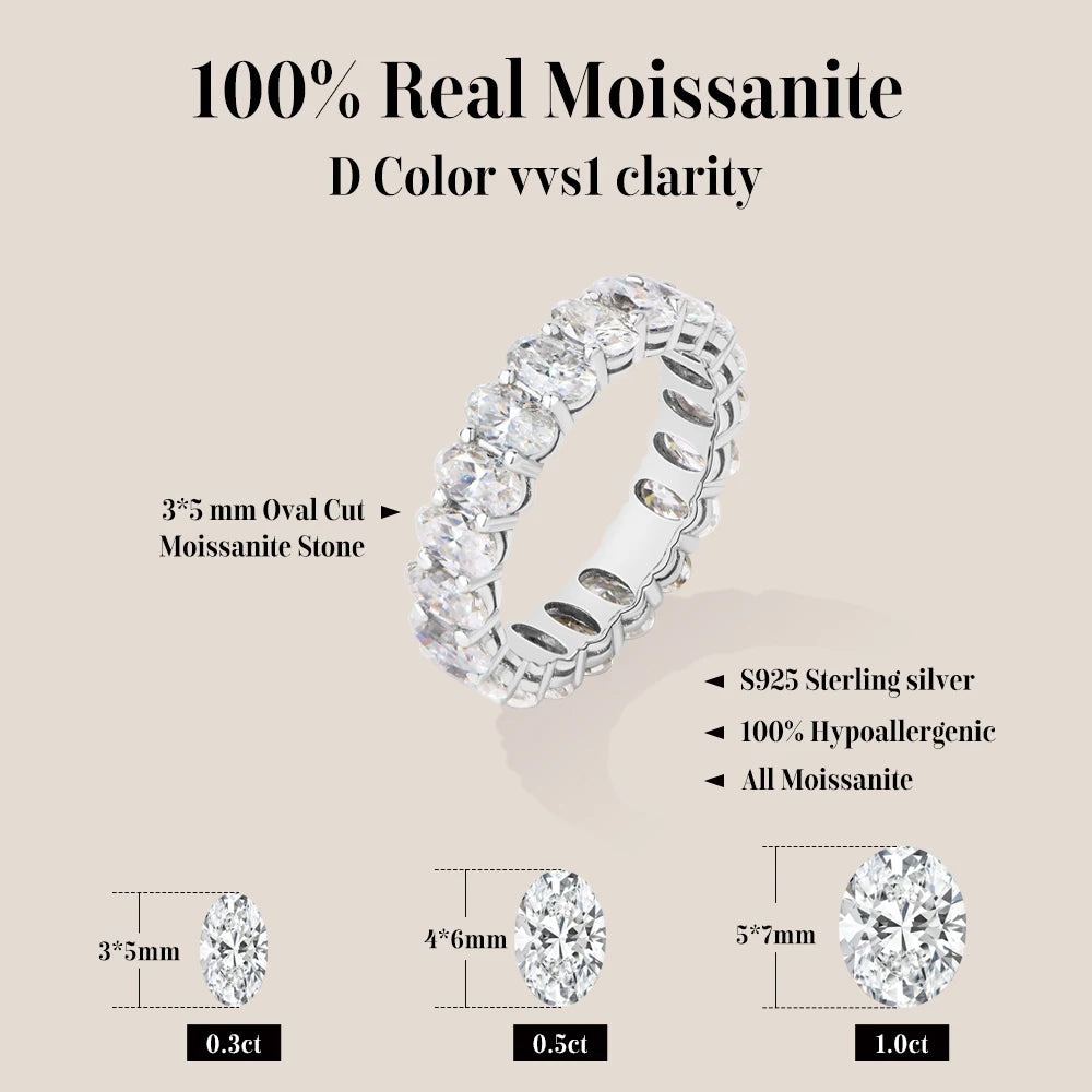 Vixonna Oval Cut Full Moissanite Eternity Ring 925 Silver D Color VVS1