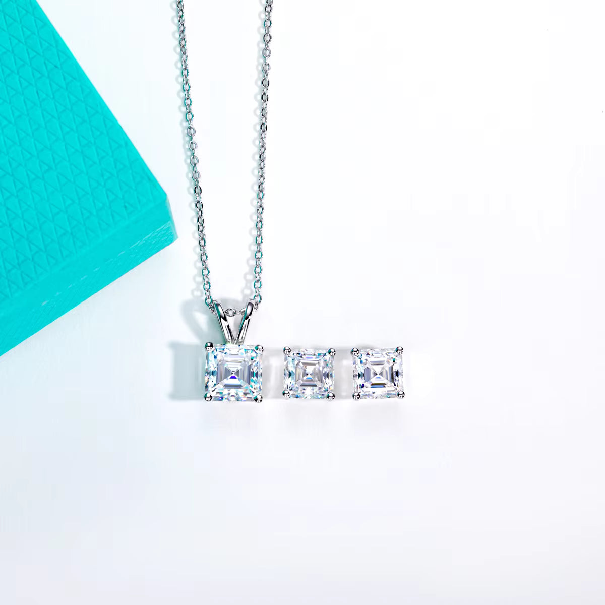 Vixonna Women's Asscher Moissanite Necklace Earrings Jewelry Set 925 Silver