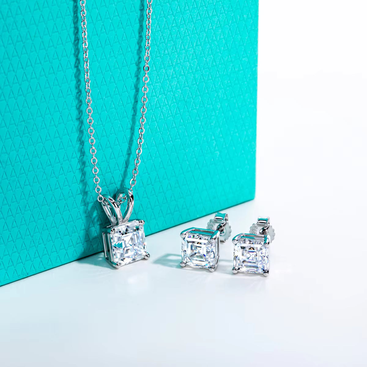 Vixonna Women's Asscher Moissanite Necklace Earrings Jewelry Set 925 Silver