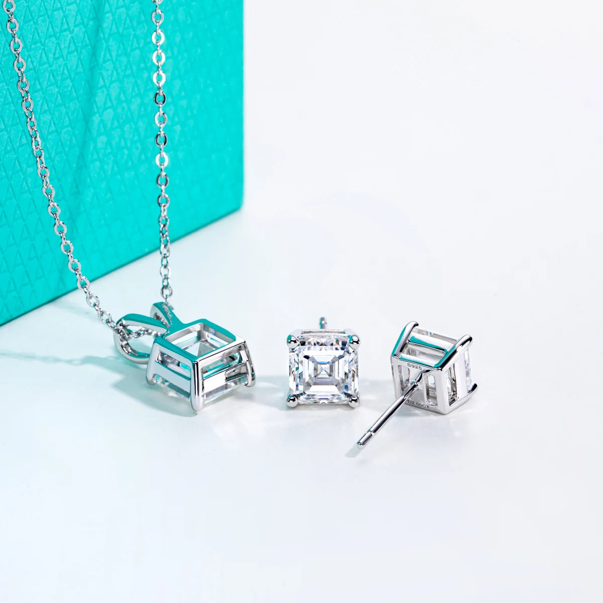 Vixonna Women's Asscher Moissanite Necklace Earrings Jewelry Set 925 Silver