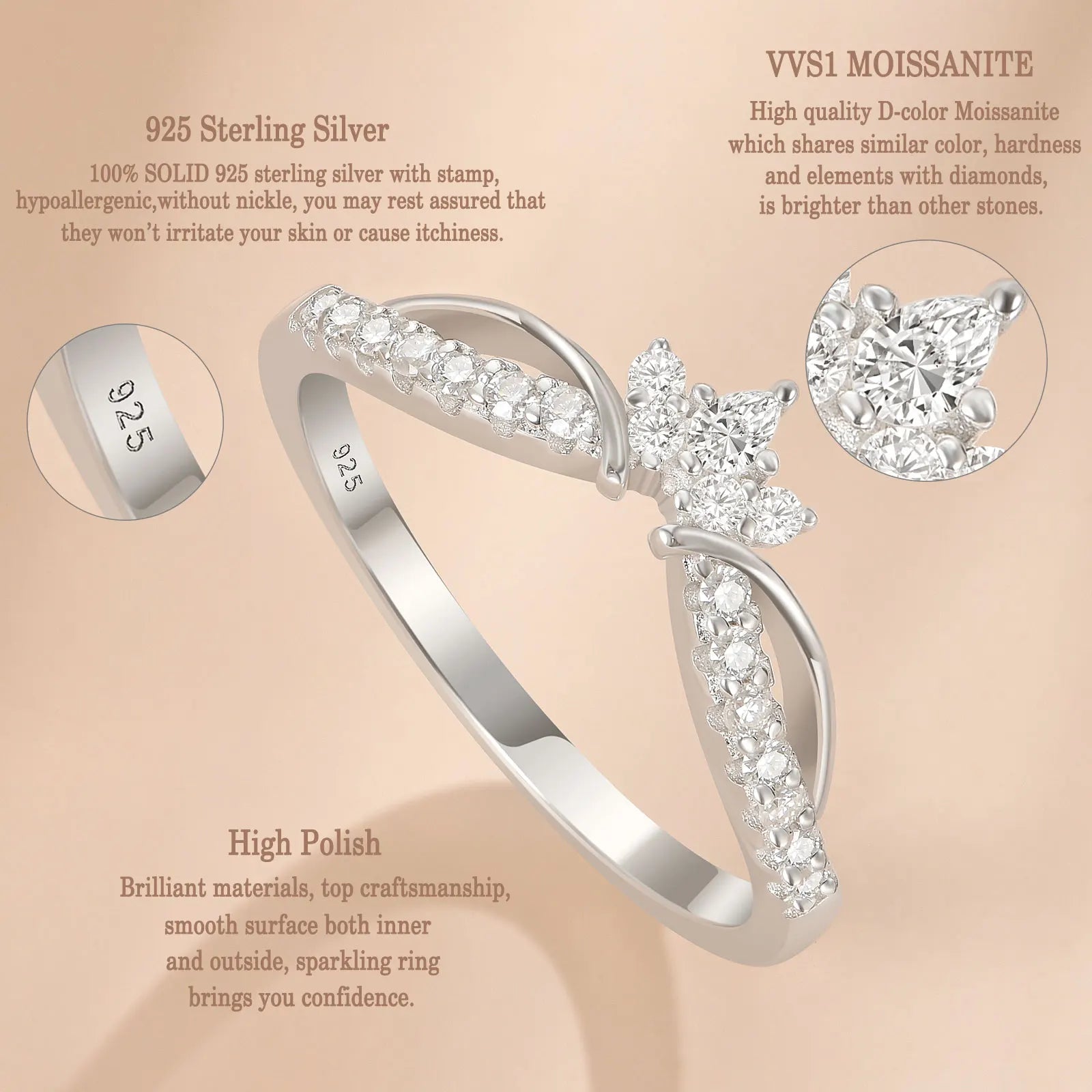 Vixonna Women's Crown Moissanite Wedding Band 925 Silver D Color VVS1