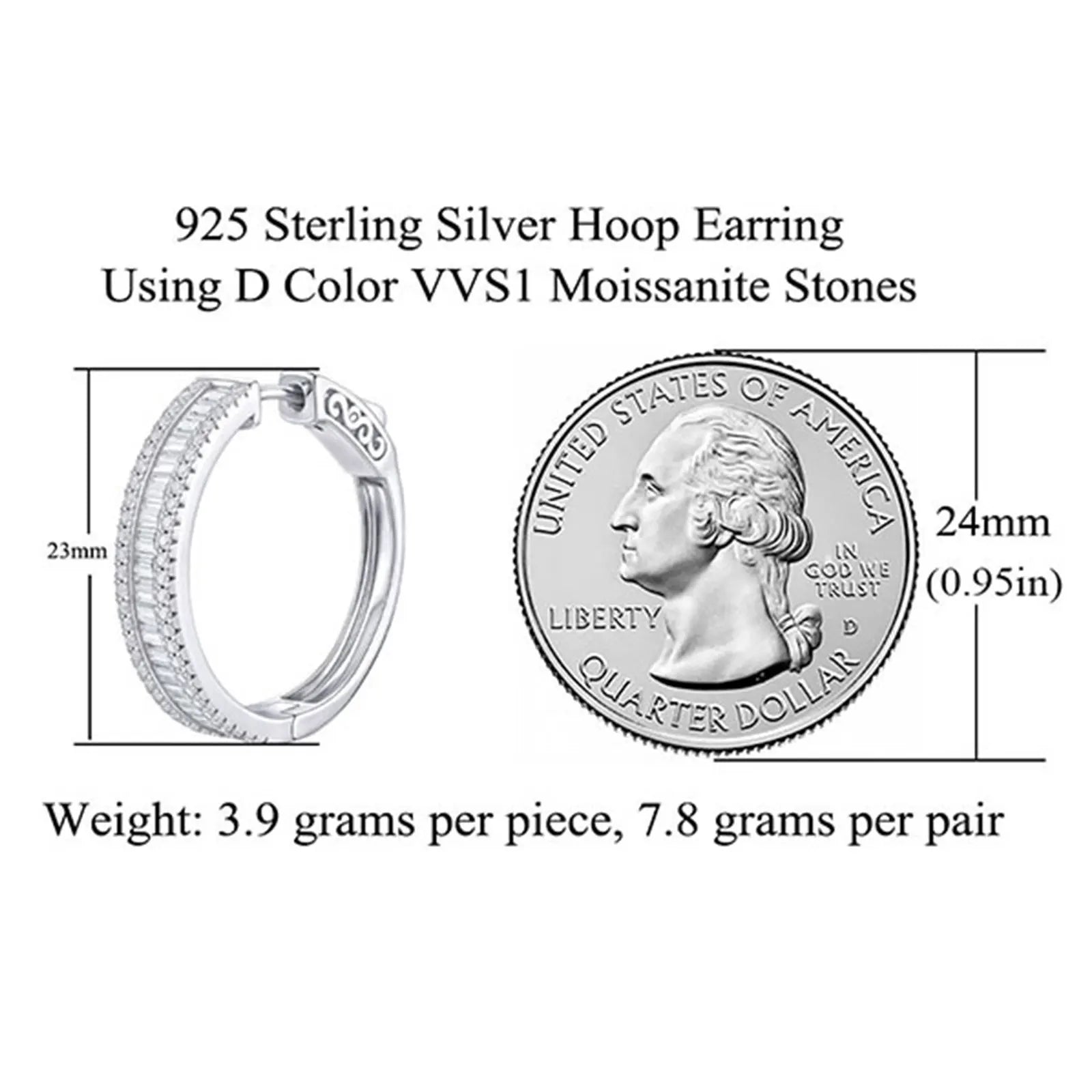 Vixonna Women's Emerald Cut Moissanite Hoop Earrings 925 Silver D Color
