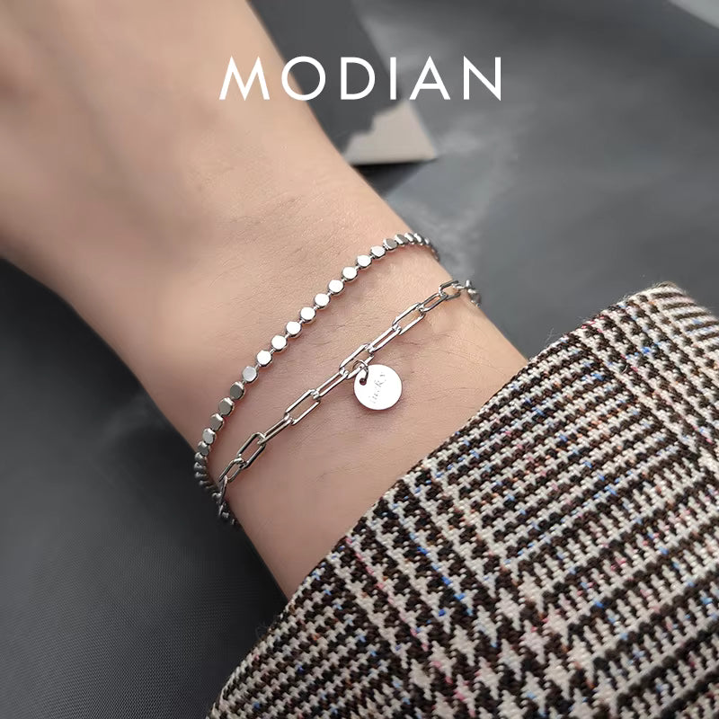 Vixonna Women's Geometric Double Layer Chain Bracelet 925 Silver