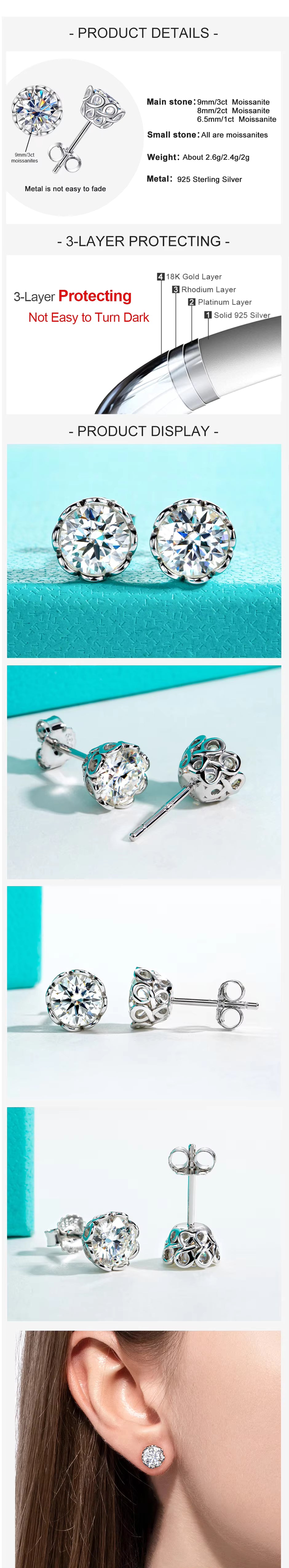 Vixonna Women's Moissanite Classic Stud Earrings 925 Silver D Color VVS1