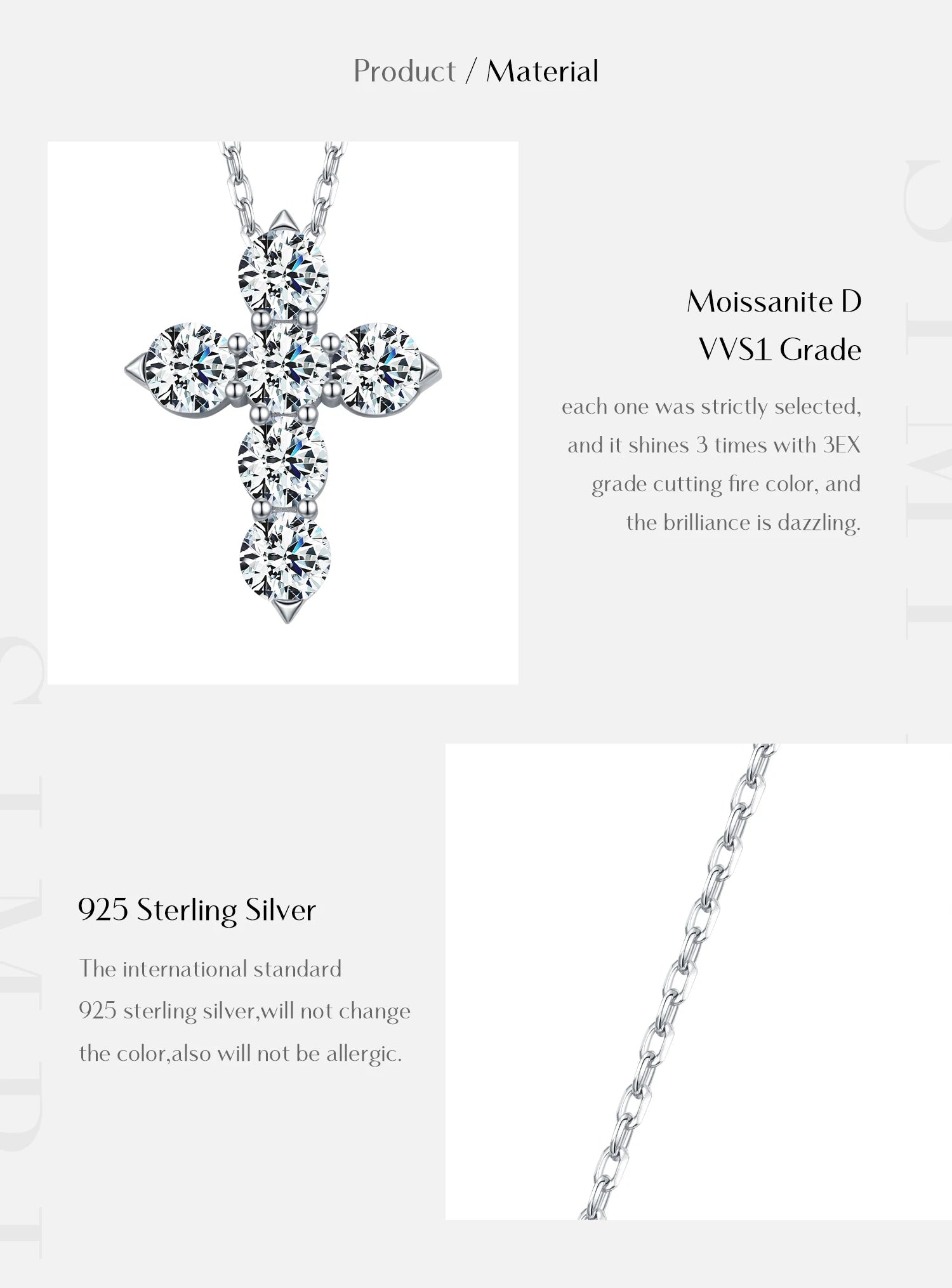 Vixonna Women's Moissanite Cross Pendant Necklace 3ct 925 Silver D Color VVS1