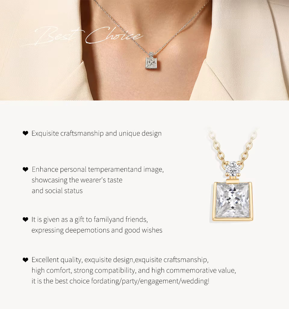 Vixonna Women's Moissanite Pendant Necklace 3ct D Color VVS1 Princess Cut