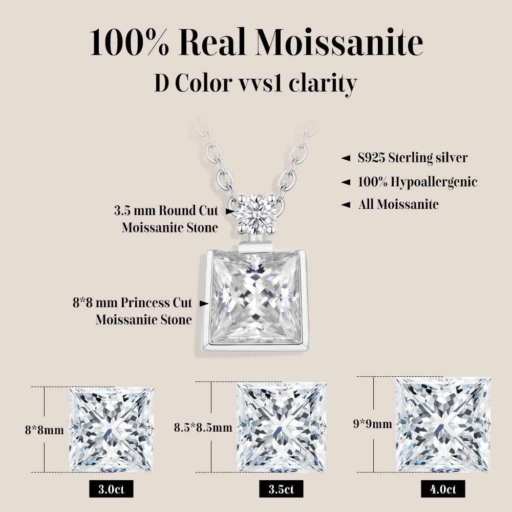 Vixonna Women's Moissanite Pendant Necklace 3ct D Color VVS1 Princess Cut