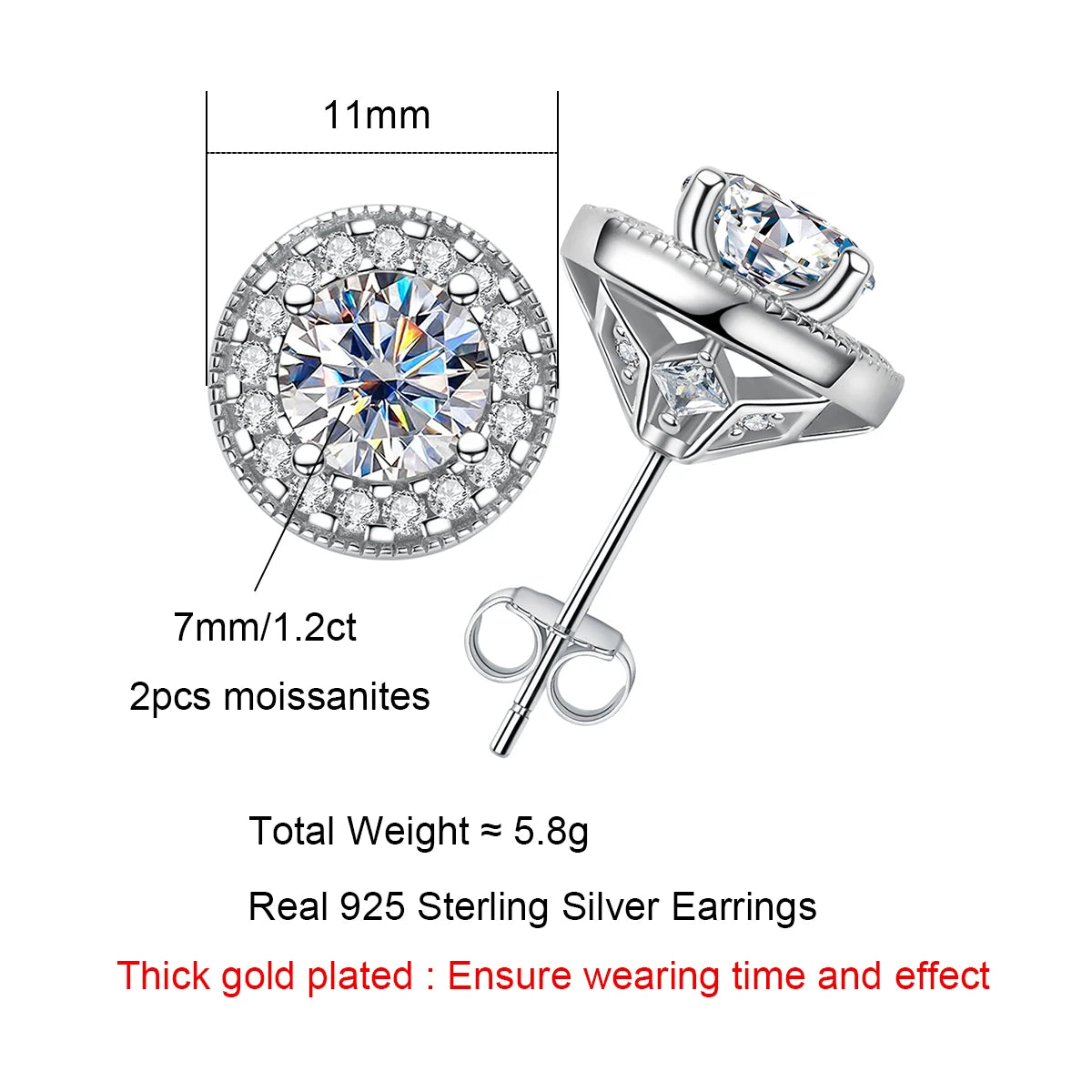 Vixonna Women's Moissanite Stud Earrings 925 Silver D Color 2.4cttw