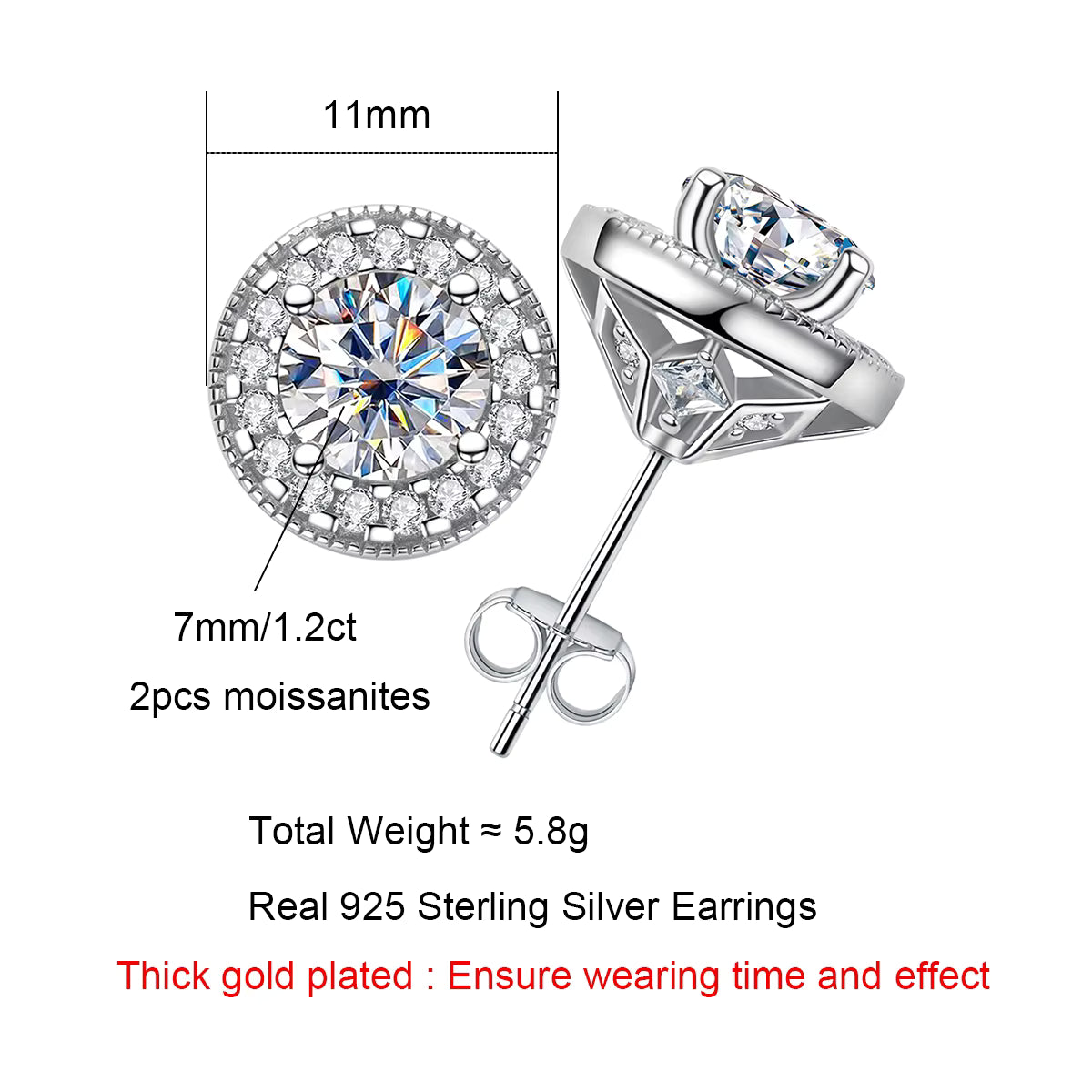 Vixonna Women's Moissanite Stud Earrings 925 Silver D Color 2.4cttw