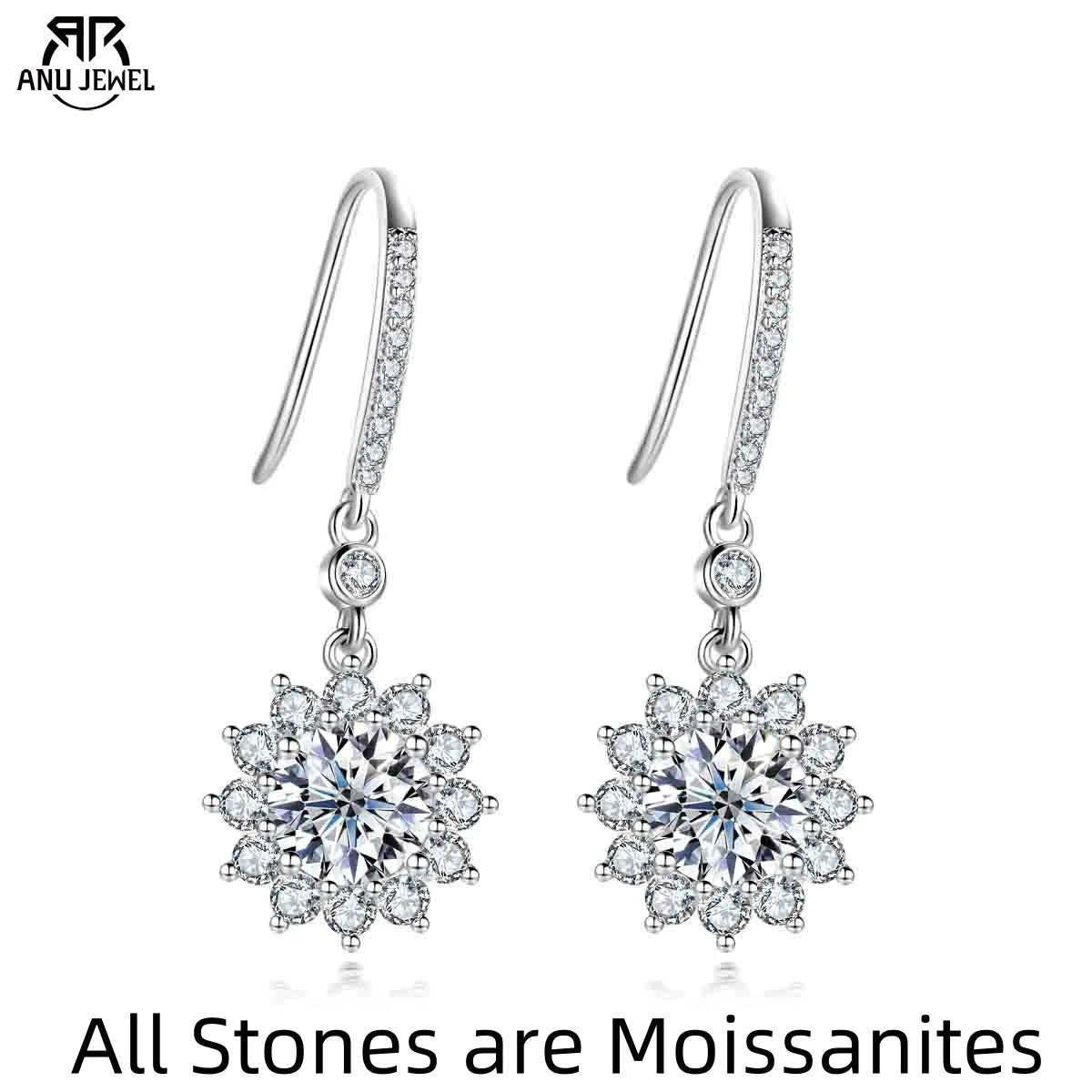Vixonna Women's Moissanite Sunflower Drop Earrings 925 Silver 1ct D Color