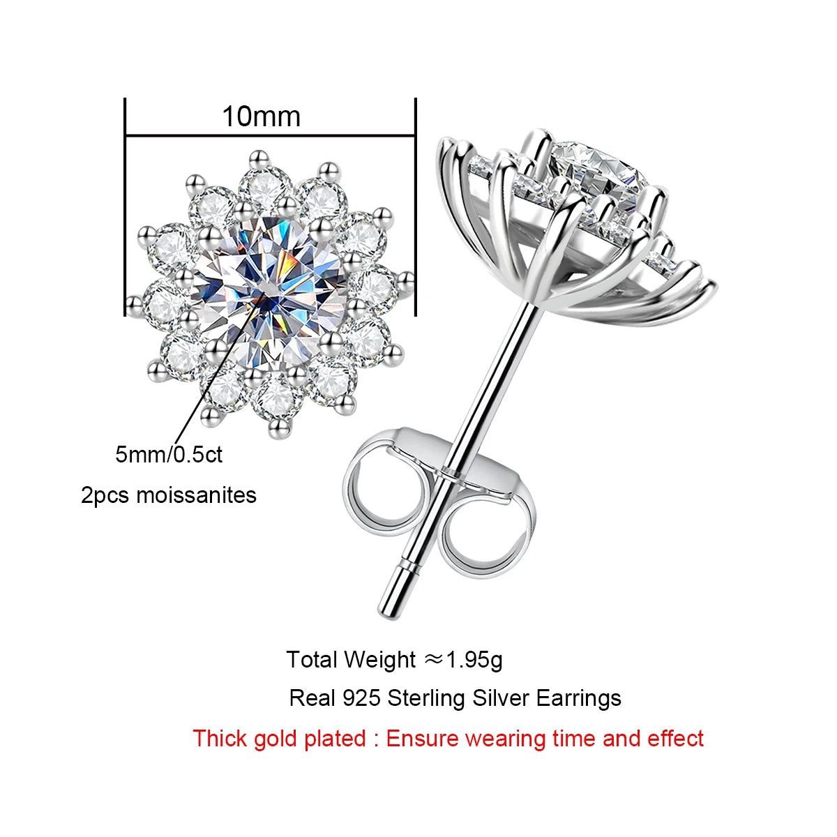 Vixonna Women's Moissanite Sunflower Stud Earrings 1ct 925 Silver D Color VVS1