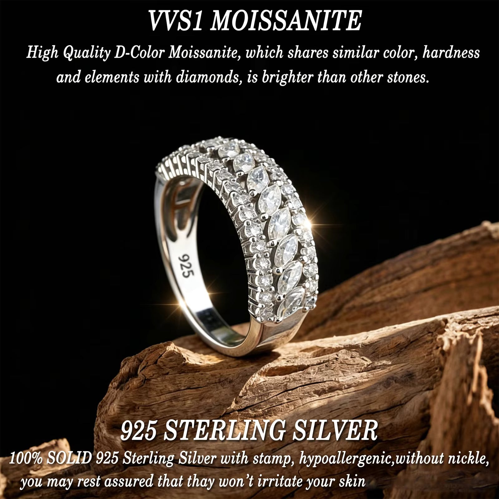 Vixonna Women's Moissanite Wedding Ring 925 Silver D Color VVS1 Marquise Round