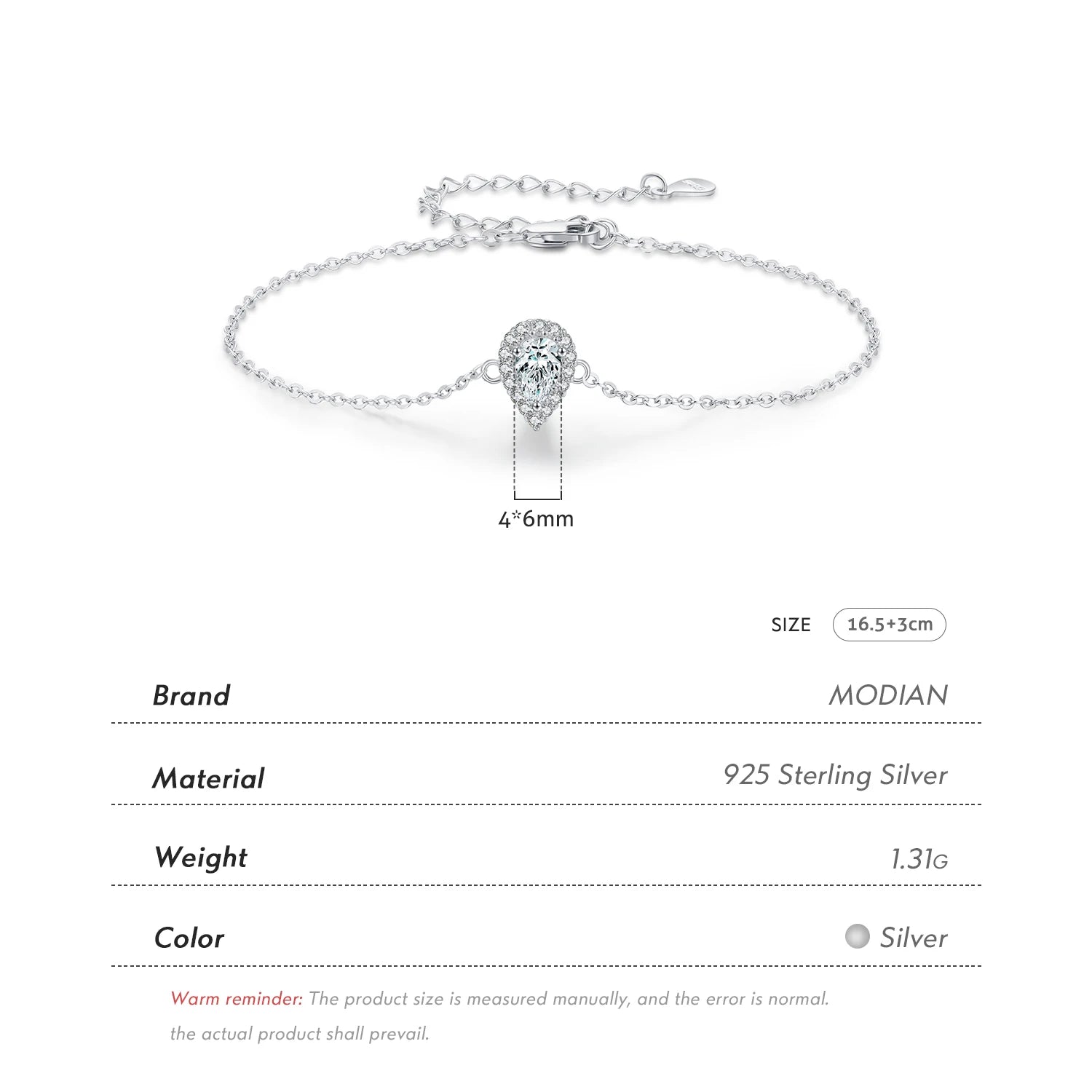 Vixonna Women's Pear Cut CZ Link Chain Bracelet 925 Silver