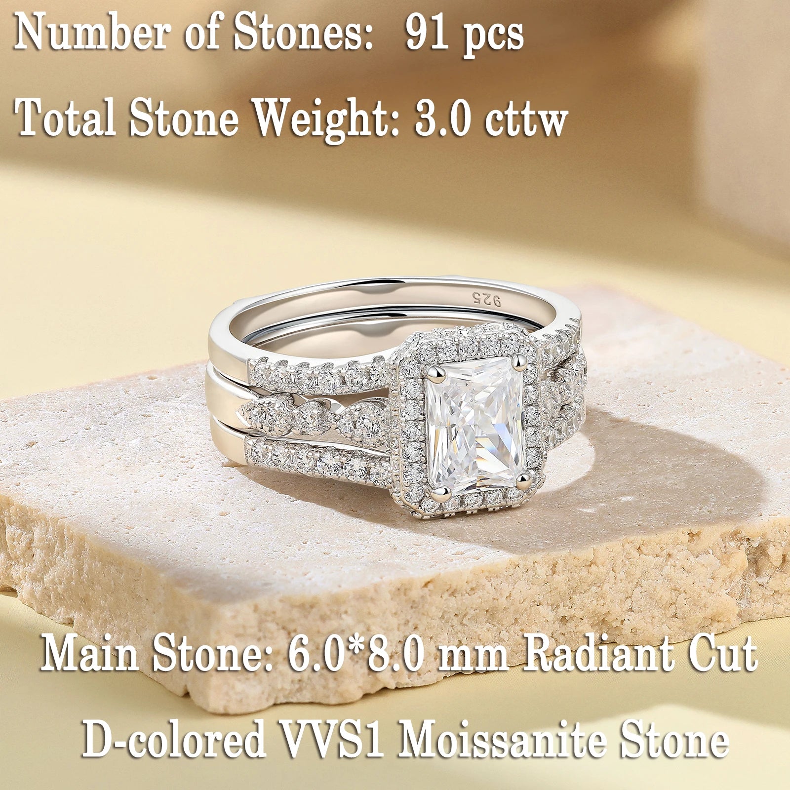 Vixonna Women's Radiant Cut Moissanite Wedding Ring Set 925 Silver 3ct D Color