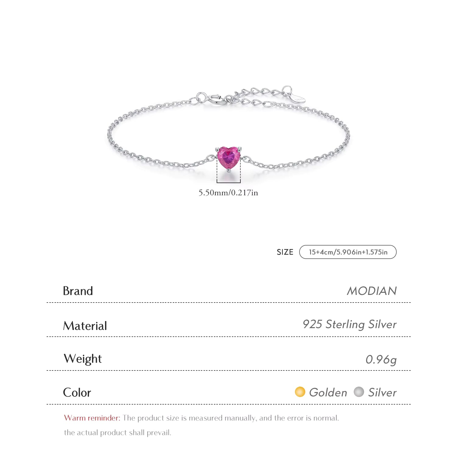 Vixonna Women's Rose Red Zirconia Heart Link Chain Bracelet 925 Silver