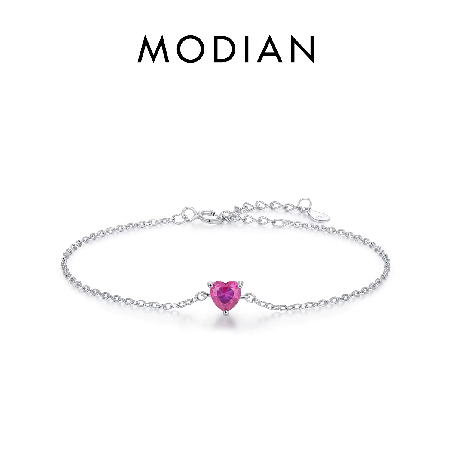 Vixonna Women's Rose Red Zirconia Heart Link Chain Bracelet 925 Silver