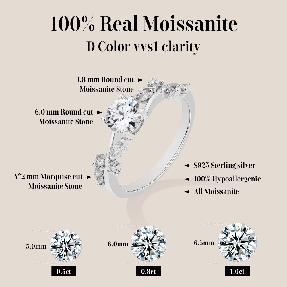 Vixonna Women's Round Moissanite Ring 925 Silver D Color VVS1 Vine
