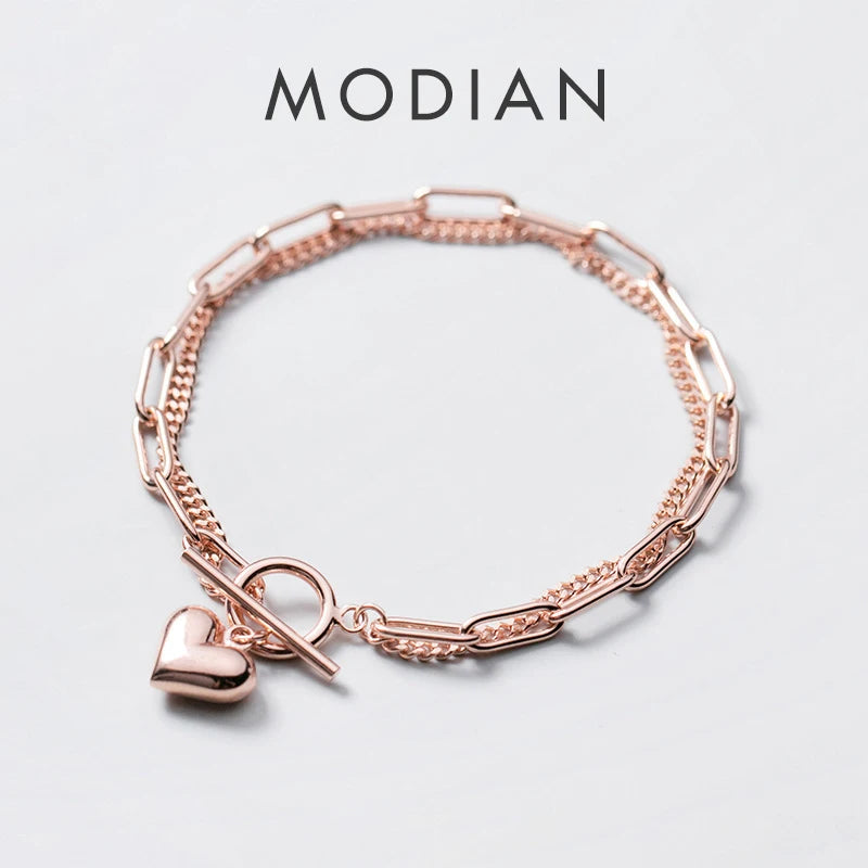Vixonna Women's Sweet Hearts Double Layer Chain Link Bracelet 925 Silver