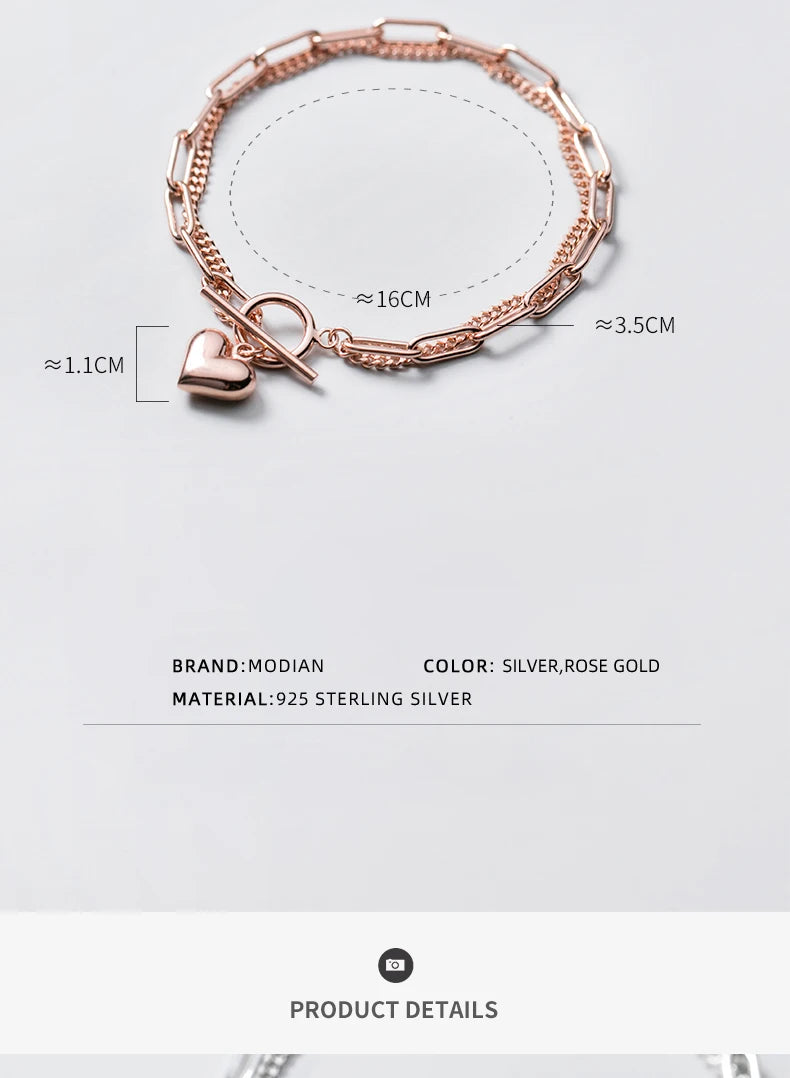 Vixonna Women's Sweet Hearts Double Layer Chain Link Bracelet 925 Silver