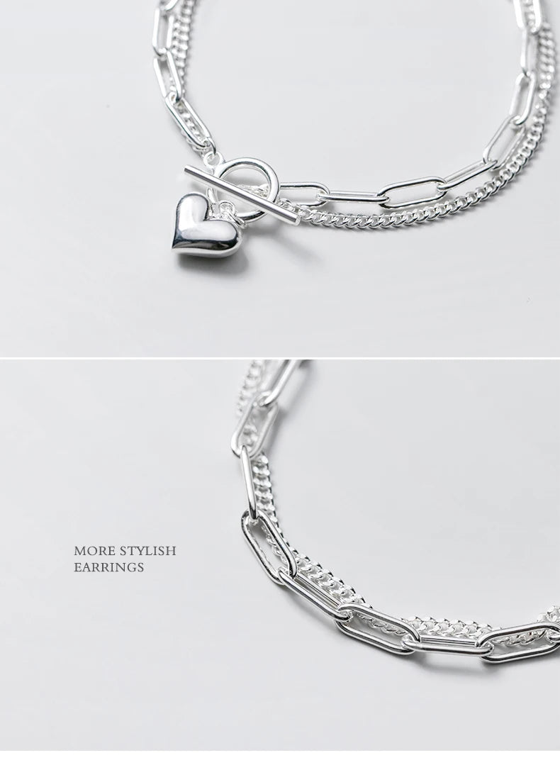 Vixonna Women's Sweet Hearts Double Layer Chain Link Bracelet 925 Silver