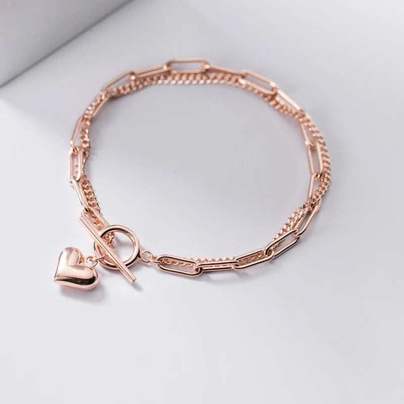 Vixonna Women's Sweet Hearts Double Layer Chain Link Bracelet 925 Silver