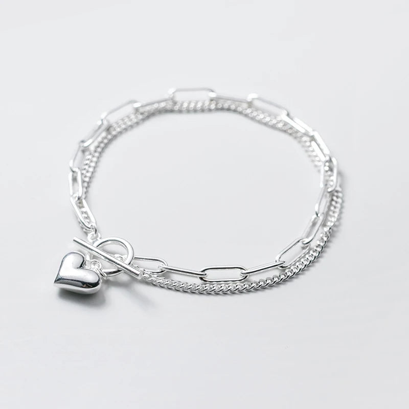 Vixonna Women's Sweet Hearts Double Layer Chain Link Bracelet 925 Silver