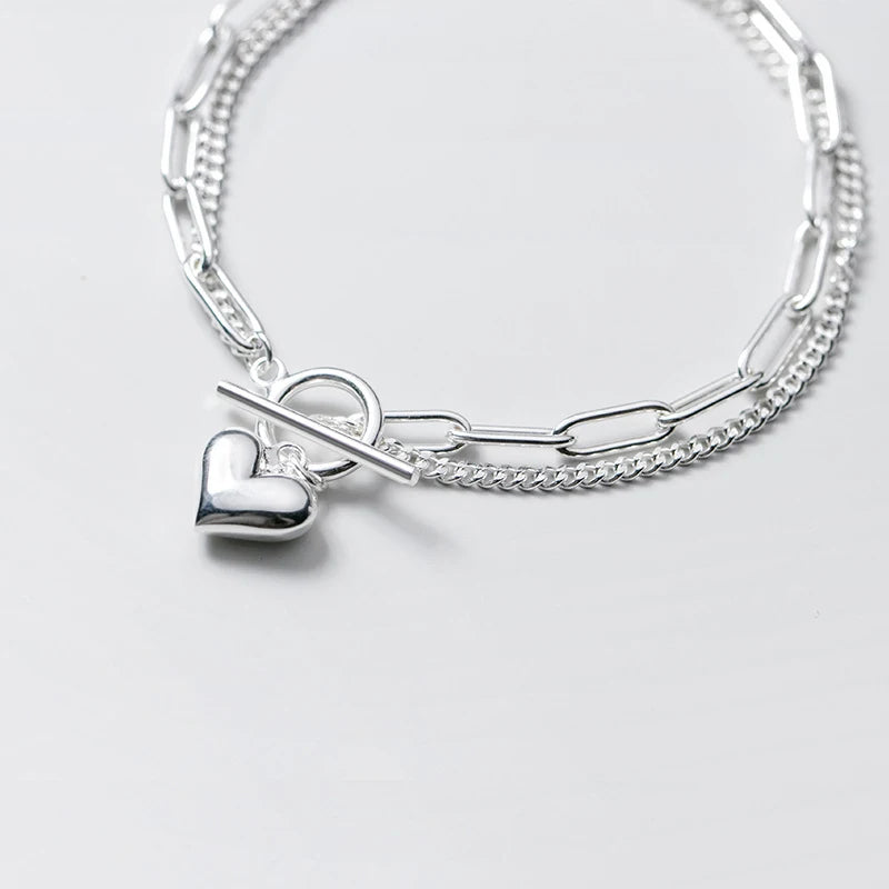 Vixonna Women's Sweet Hearts Double Layer Chain Link Bracelet 925 Silver
