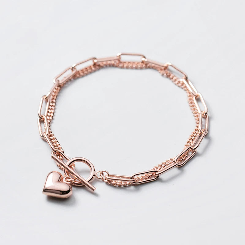 Vixonna Women's Sweet Hearts Double Layer Chain Link Bracelet 925 Silver
