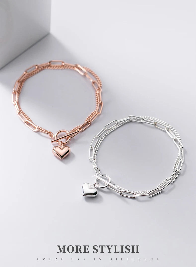 Vixonna Women's Sweet Hearts Double Layer Chain Link Bracelet 925 Silver
